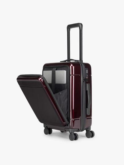 CALPAK Hue Front Pocket Carry On Luggage in maroon Glazed Dark Cherry ; LHU1020-GLAZED-DARK-CHERRY view 1