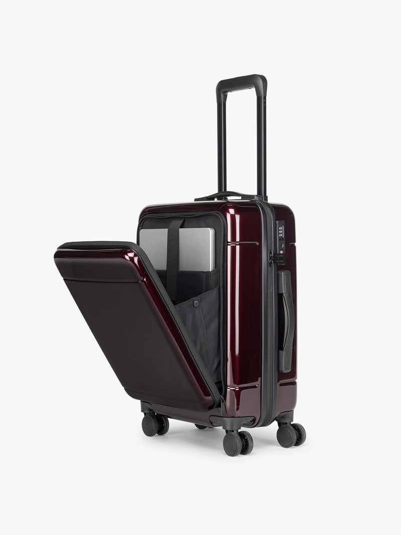 CALPAK Hue Front Pocket Carry On Luggage in maroon Glazed Dark Cherry