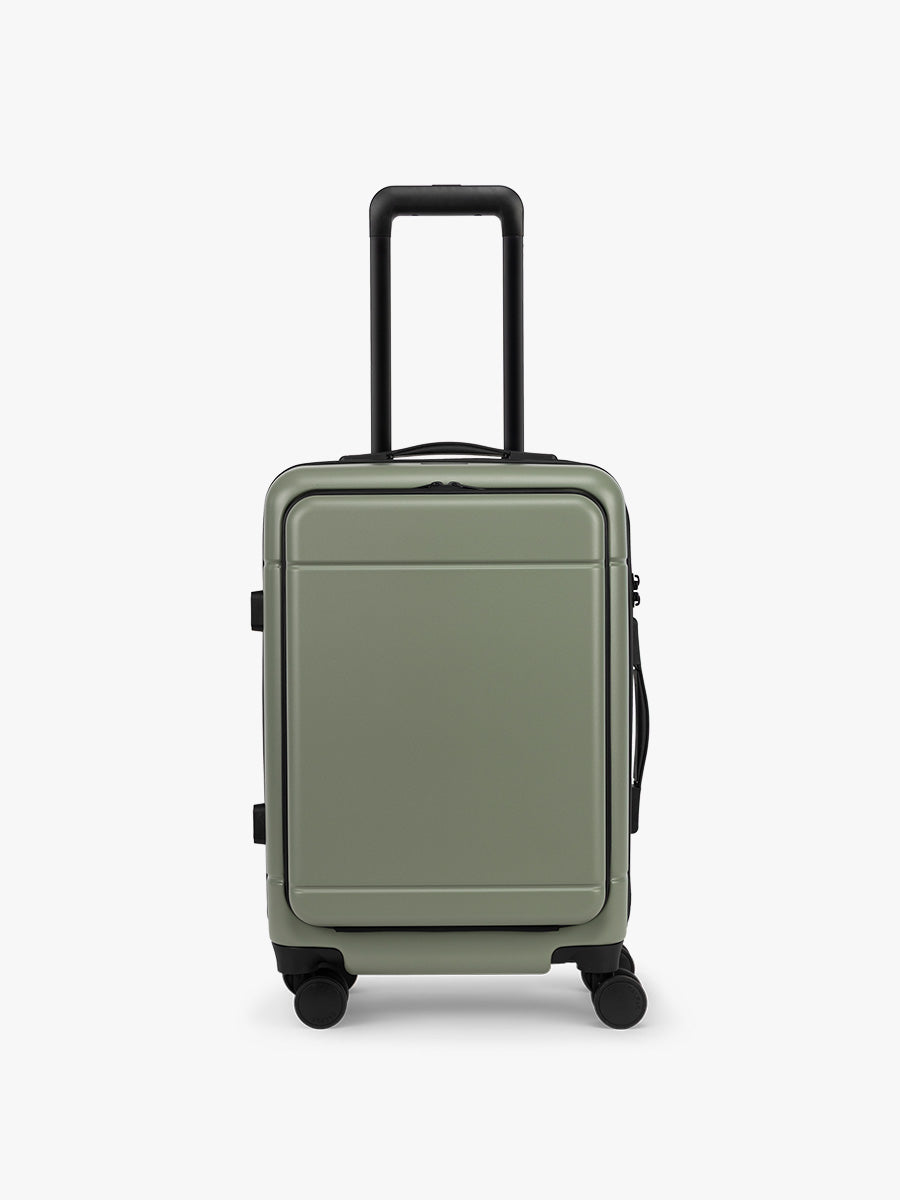 CALPAK Hue Front Pocket Carry On Luggage front view in green Juniper; LHU1020-JUNIPER