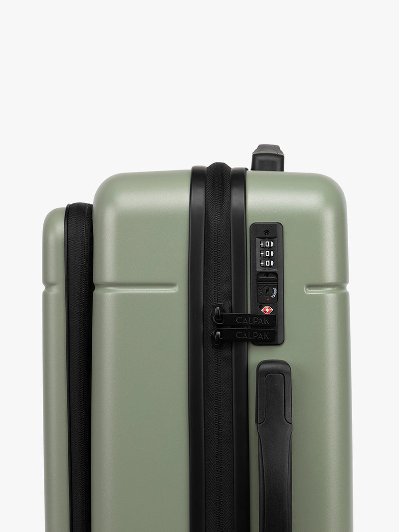 CALPAK Hue Front Pocket Carry On Luggage side TSA approved lock in green Juniper