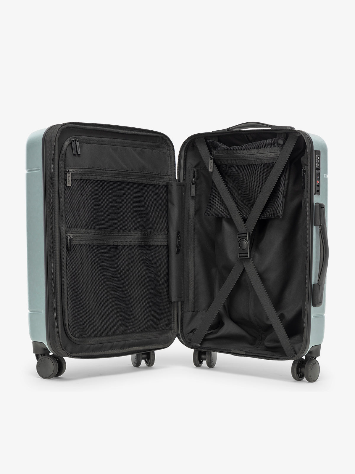Interior opened view of the CALPAK Hue Carry-On Luggage in blue Bluebell; LHU1020-NP-BLUEBELL