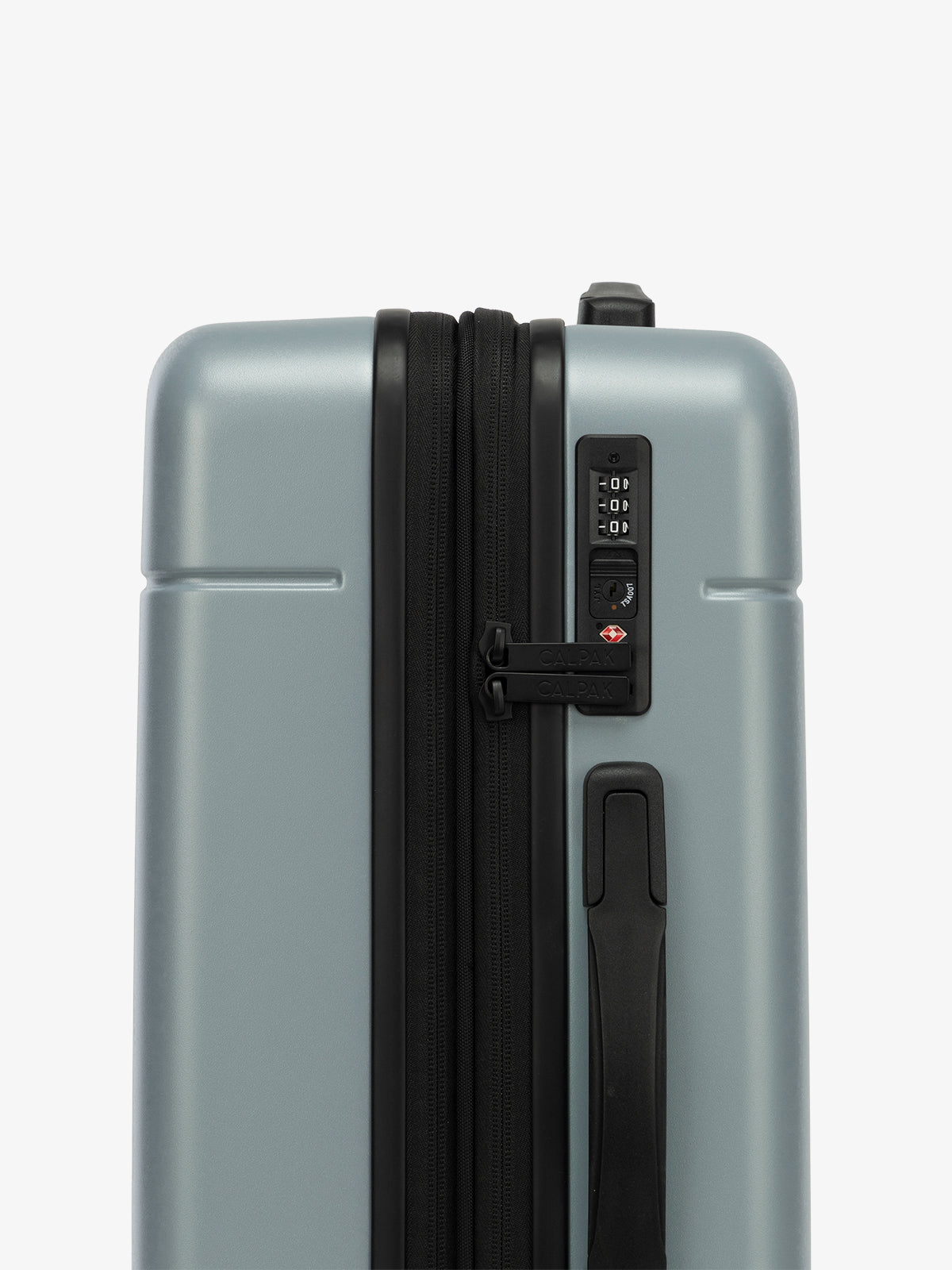Side view of the CALPAK Hue Carry-On Luggage with the TSA-friendly lock in blue Bluebell; LHU1020-NP-BLUEBELL