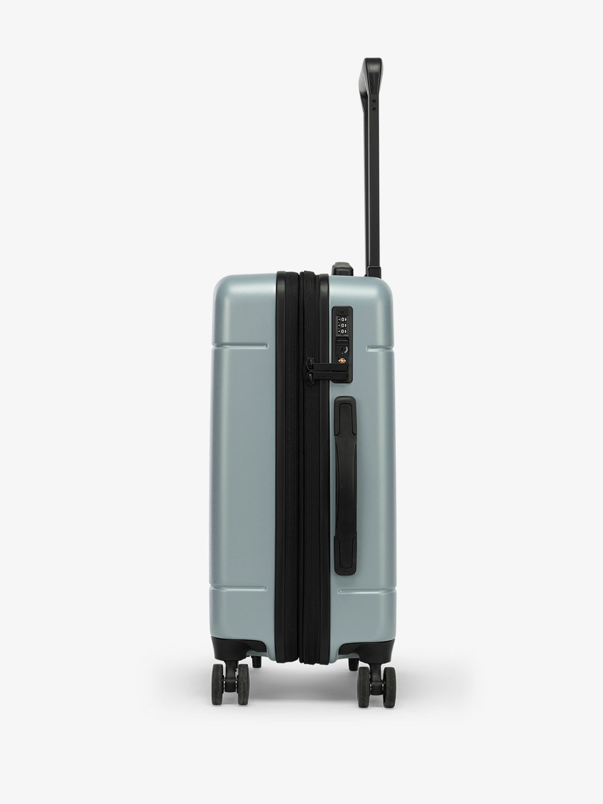 Side view of the CALPAK Hue Carry-On Luggage in blue Bluebell; LHU1020-NP-BLUEBELL