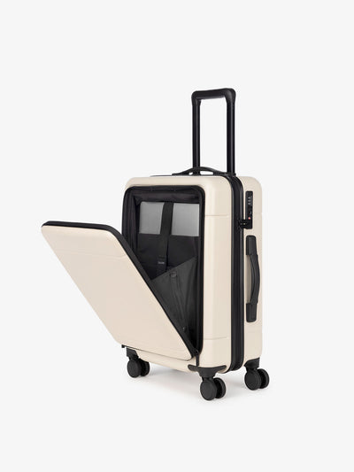 linen CALPAK Hue hard shell carry-on spinner cream luggage with laptop compartment; LHU1020-LINEN view 1