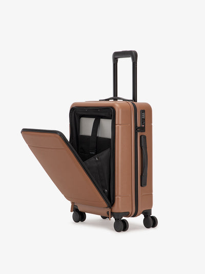 CALPAK Hue hard shell carry-on spinner luggage with laptop compartment in brown hazel color; LHU1020-HAZEL view 1
