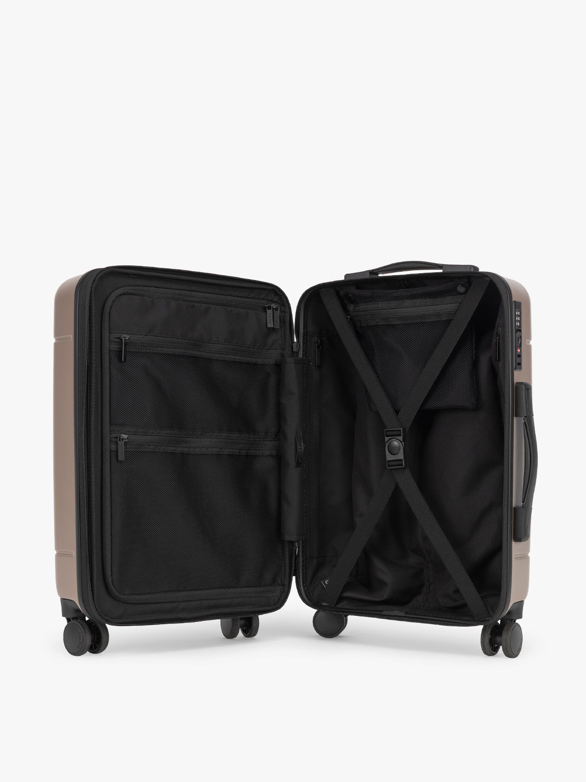 CALPAK Hue Front Pocket Carry On Luggage opened view in brown Chocolate; LHU1020-CHOCOLATE