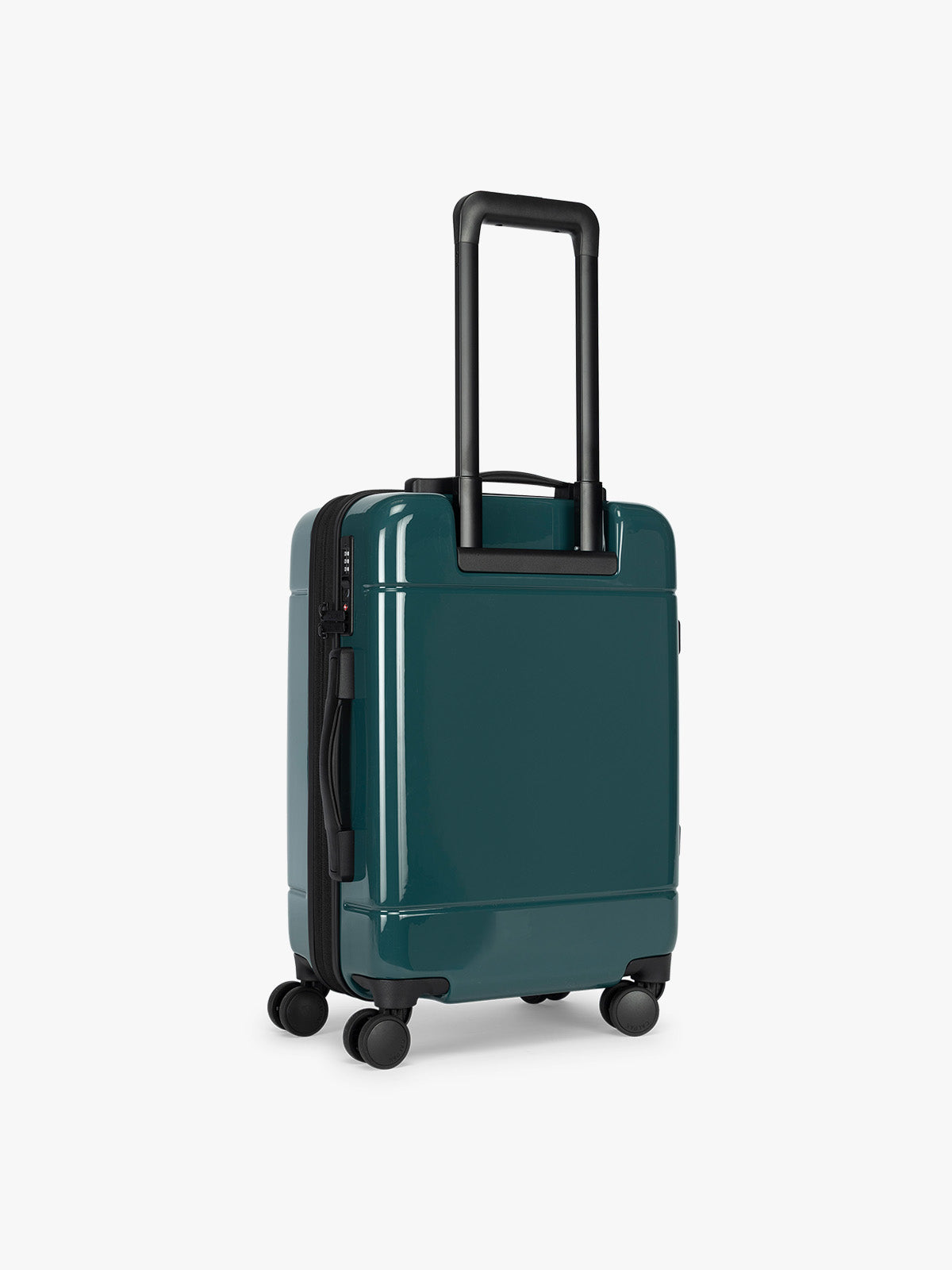 Backside of CALPAK Hue Carry On Luggage in dark green Glazed Kale; LHU1020-NP-GLAZED-KALE