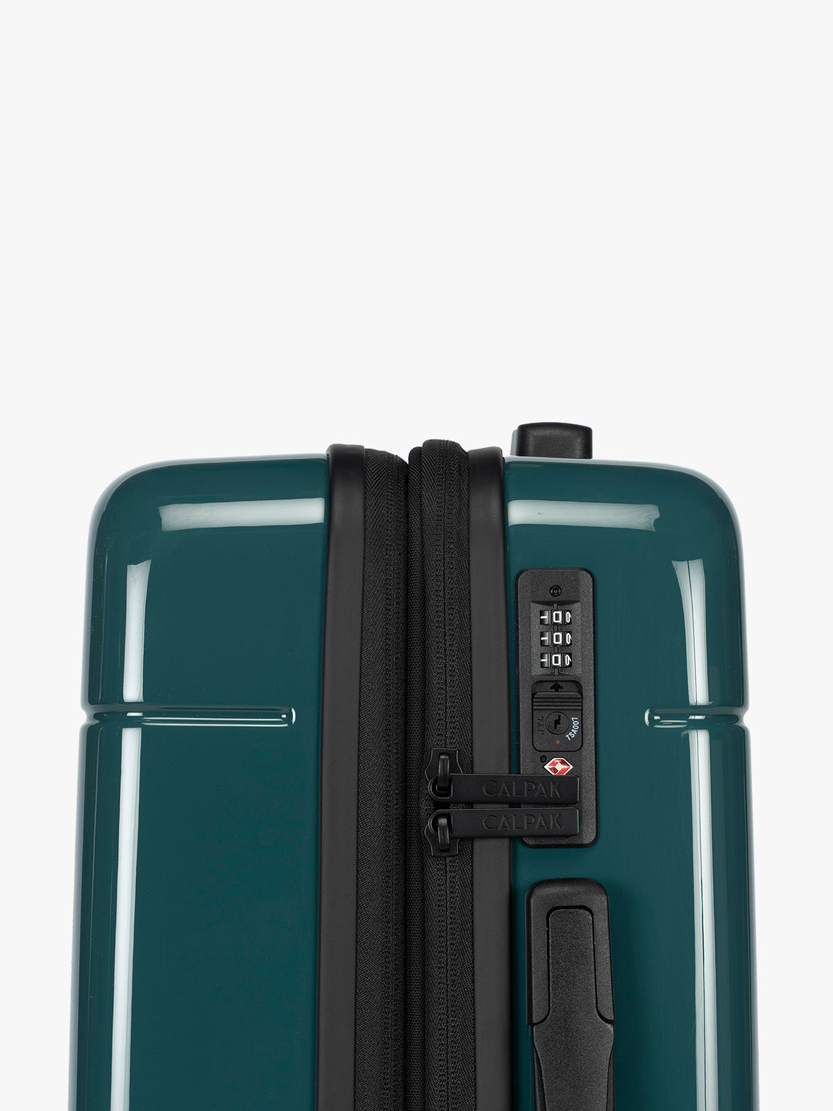 TSA Approved lock of CALPAK Hue Carry On Luggage in dark green Glazed Kale; LHU1020-NP-GLAZED-KALE