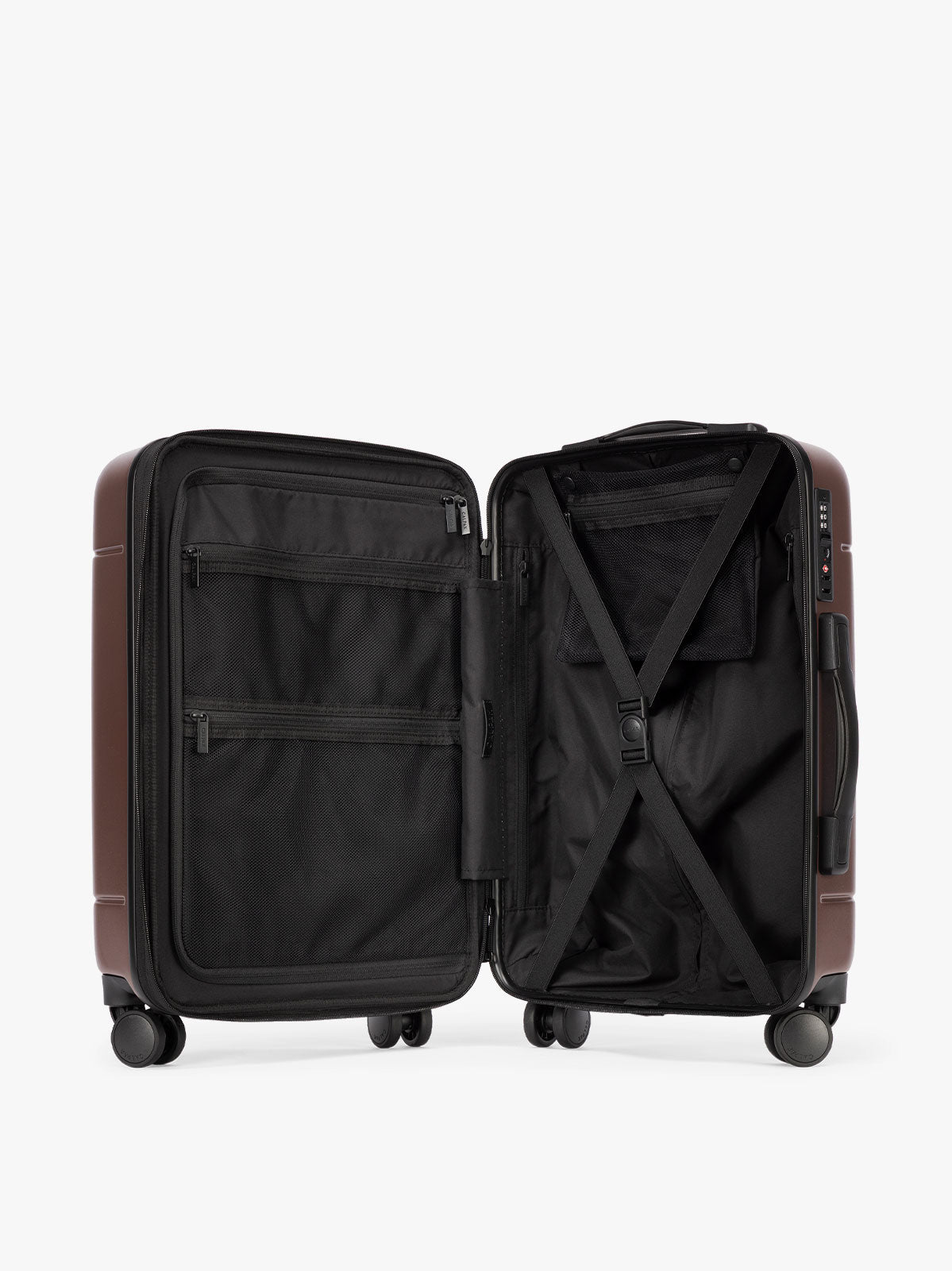 Opened view of the CALPAK Hue Luggage;  LHU8000-WALNUT