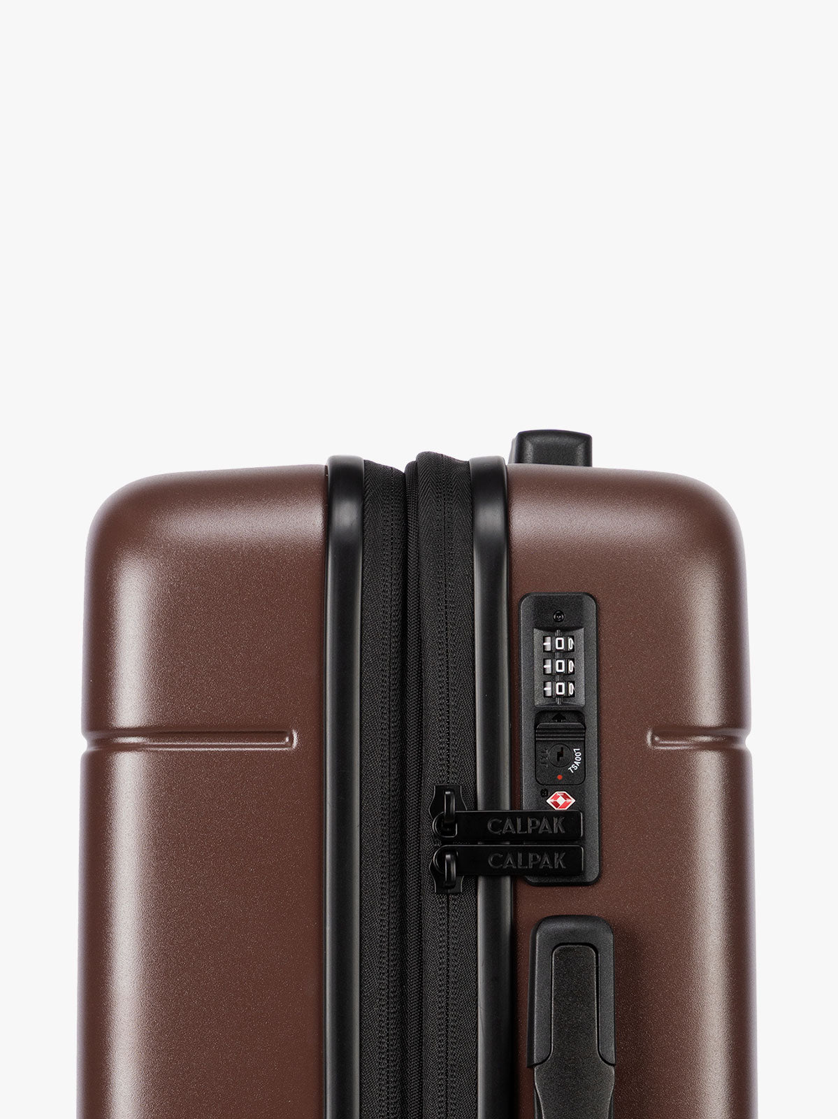 TSA Approved lock of the Opened view of the CALPAK Hue Luggage;  LHU8000-WALNUT
