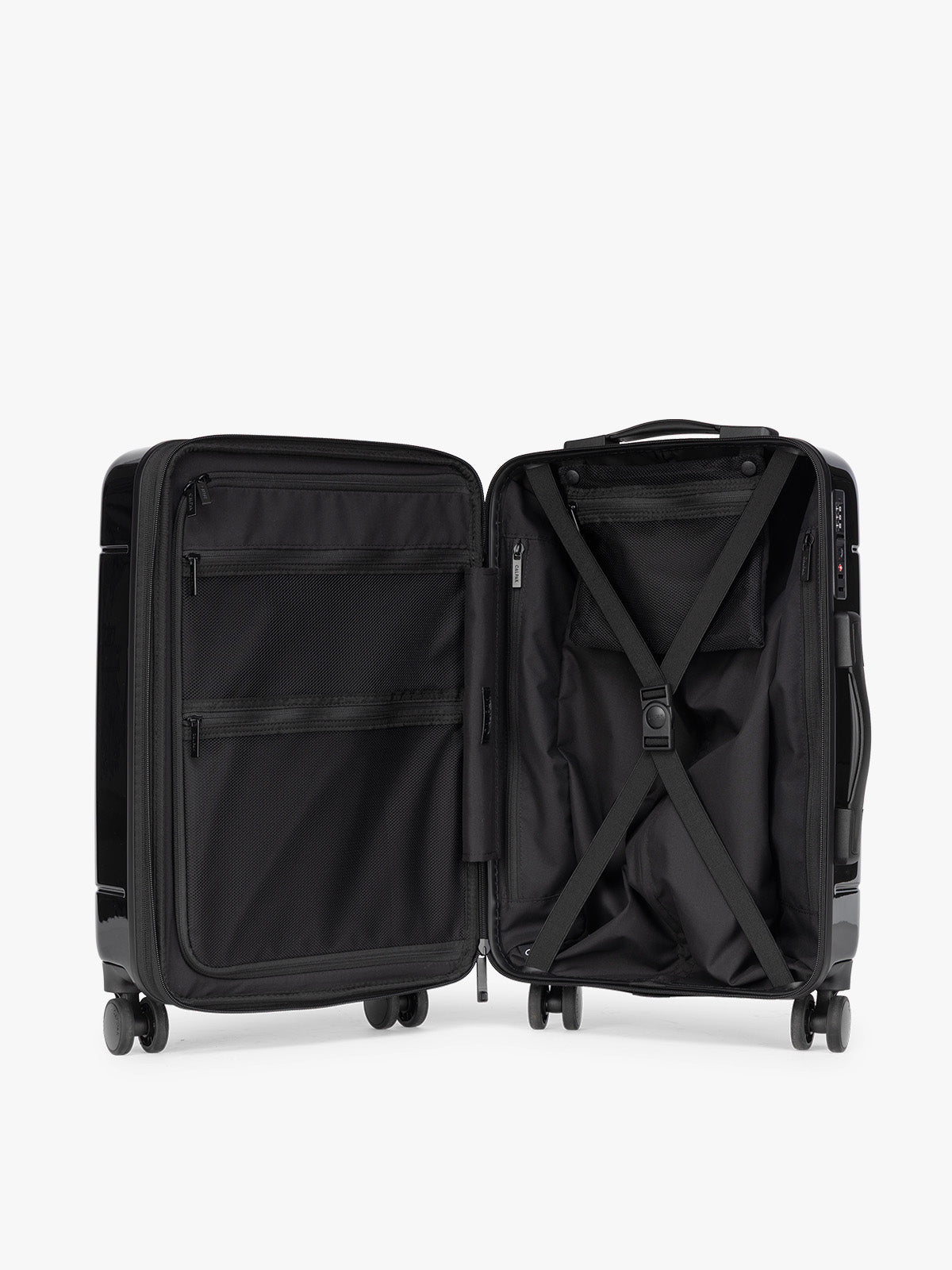 Opened interior of CALPAK Hue Front Pocket Carry On Luggage in maroon Glazed Black; LHU1020-GLAZED-BLACK