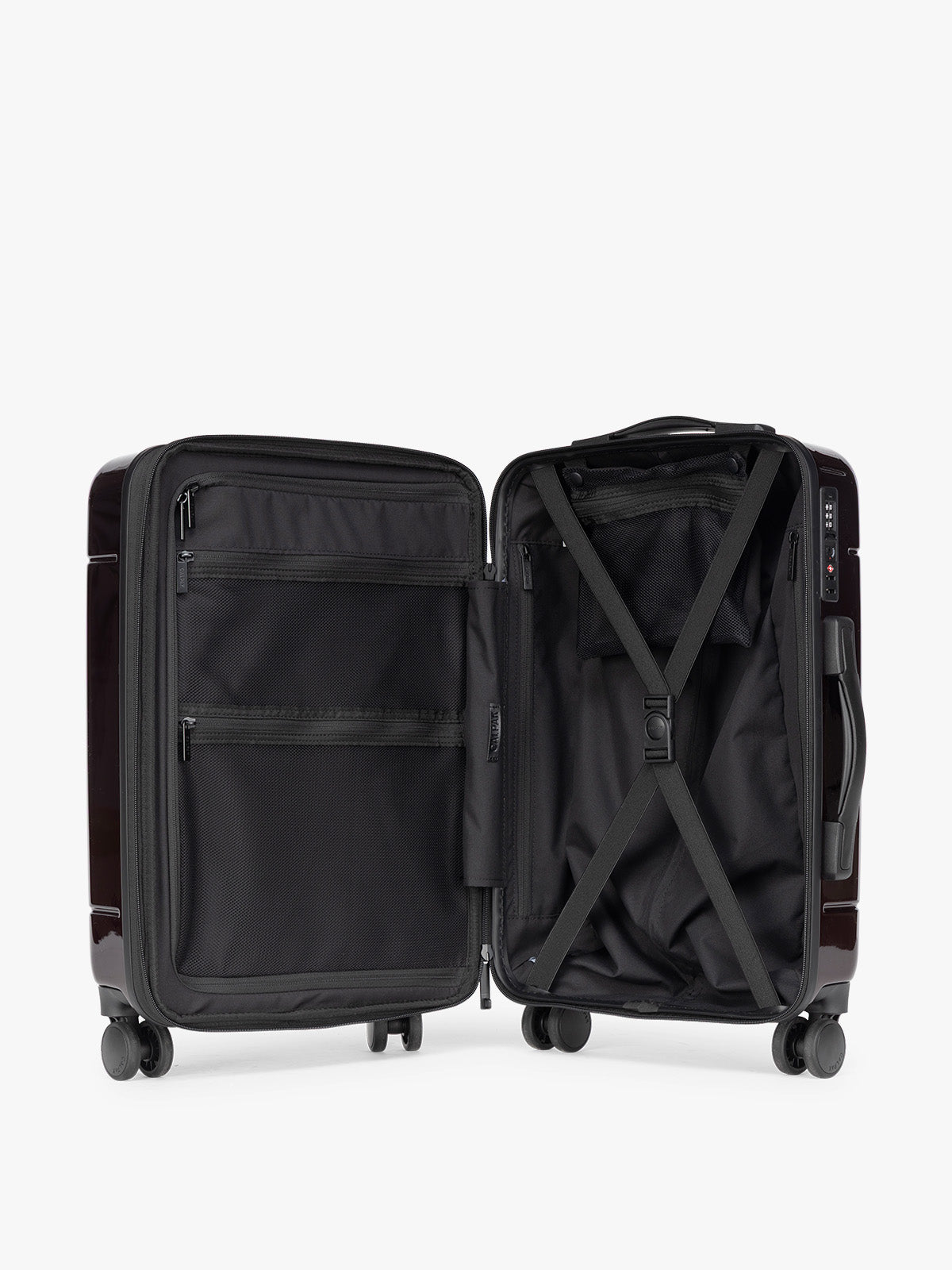 CALPAK Hue Carry On Luggage in Dark Cherry Red opened view on white background; LHU1020-NP-GLAZED-DARK-CHERRY