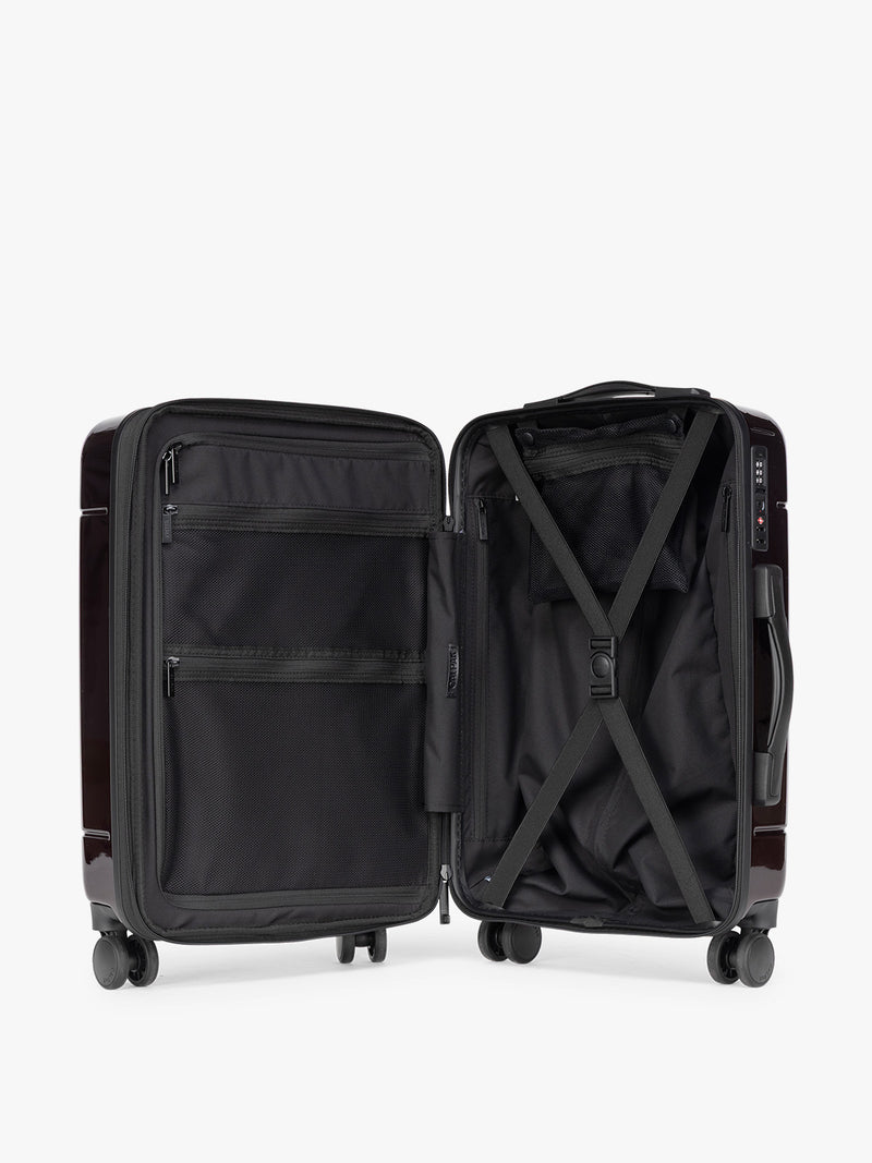 CALPAK Hue Carry On Luggage in Dark Cherry Red opened view on white background