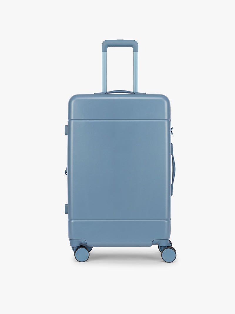 CALPAK Hue Medium Luggage in light blue French Blue and blue and white gingham interior