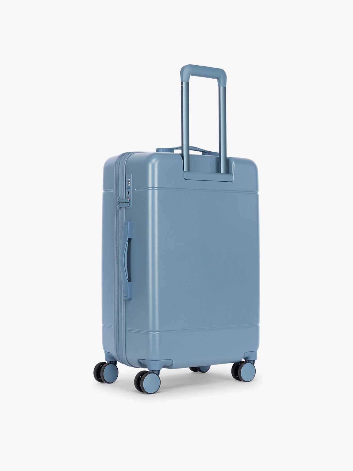Back side of CALPAK Hue Medium Luggage in light blue French Blue and blue and white gingham interior ; LHU1024-FRENCH-BLUE