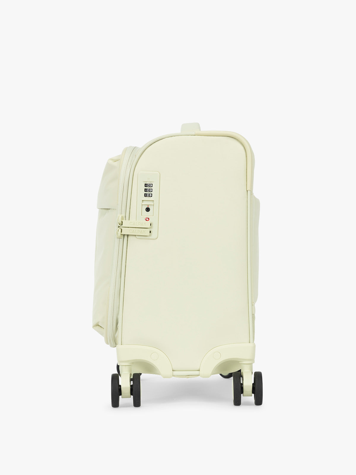 Side view with TSA approved lock of the CALPAK Luka Soft-Sided Mini Carry On Luggage in light green Celadon with spinner wheels and handle; LSM1014-CELADON