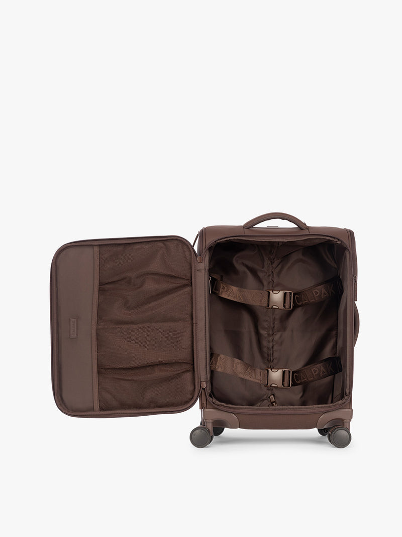 Opened view of CALPAK Luka Soft Sided Luggage in brown Walnut
