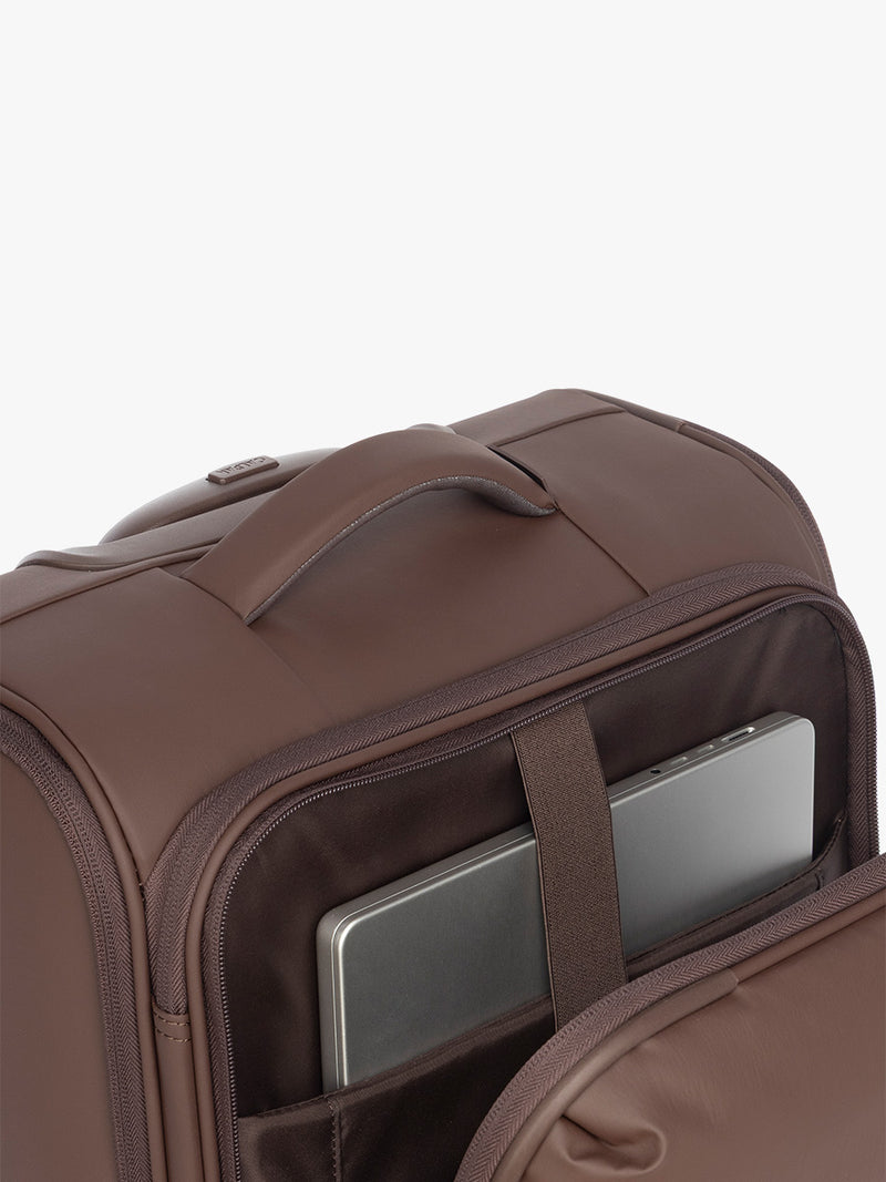 Top handle of CALPAK Luka Soft Sided Luggage in brown Walnut