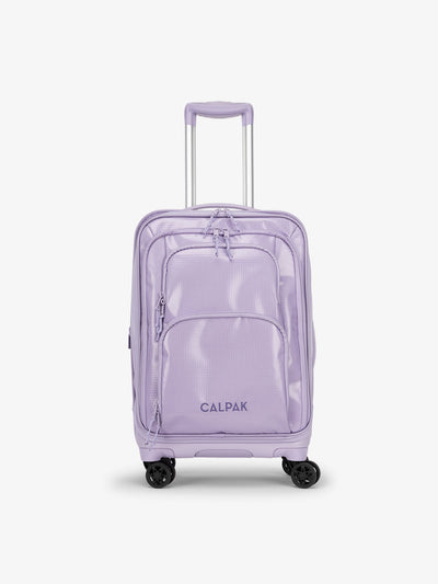 Studio product shot of front-facing CALPAK Terra Carry-On luggage with soft shell and 360 spinner wheels in amethyst; model LTE1020-AMETHYST