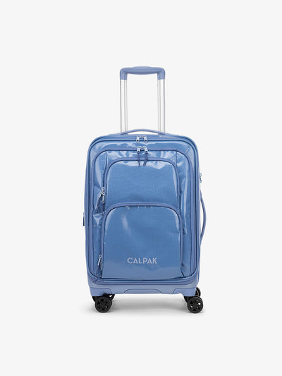 Studio product shot of front-facing CALPAK Terra Carry-On luggage with soft shell and 360 spinner wheels in glacier blue; LTE1020-GLACIER view 1