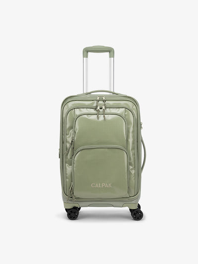 Studio product shot of front-facing CALPAK Terra Carry-On luggage with soft shell and 360 spinner wheels in juniper model; LTE1020-JUNIPER
