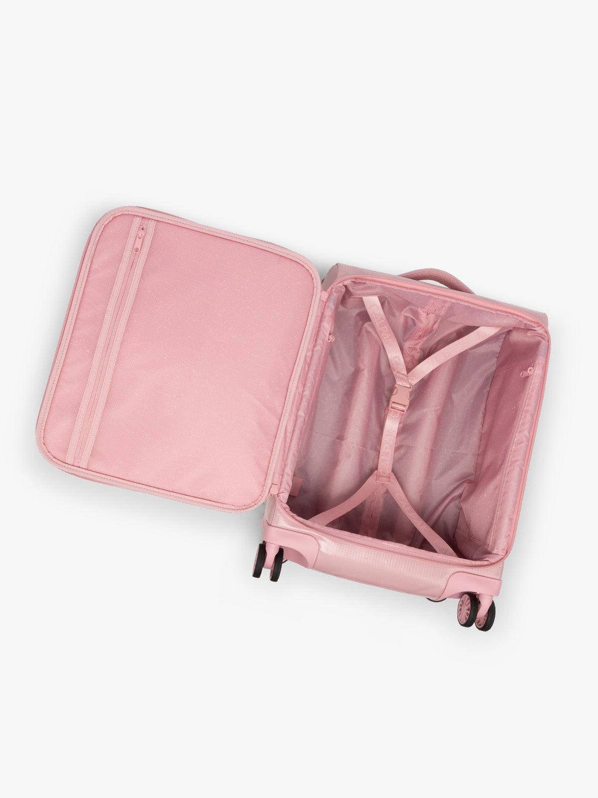 CALPAK Terra 35L Soft Sided Carry On in pink blossom opened interior; LTR1020-BLOSSOM