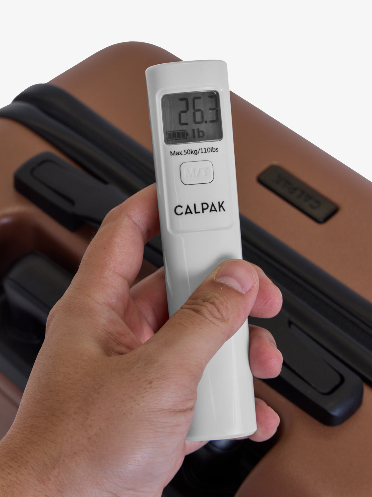 CALPAK Battery-Free Luggage Scale weighing both pounds or kilogram units; ABFS2401-GREY