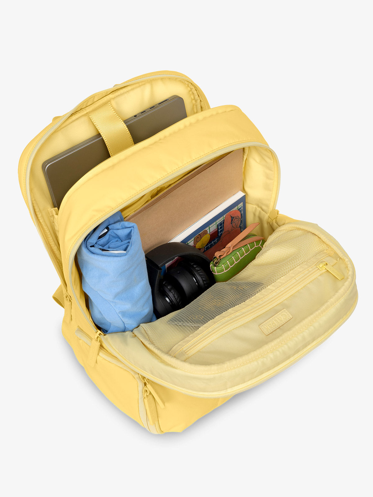 CALPAK Luka 15 Inch Laptop Backpack with soft puffy exterior and multiple pockets in yellow; BPL2001-BUTTER