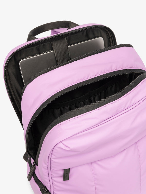 CALPAK Luka 15 Inch Laptop Backpack with soft puffy exterior and multiple pockets in lilac purple