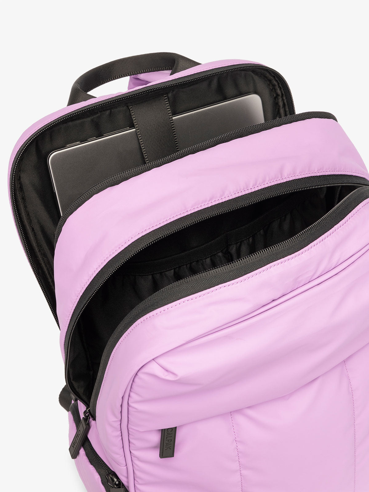 CALPAK Luka 15 Inch Laptop Backpack with soft puffy exterior and multiple pockets in lilac purple; BPL2001-LILAC