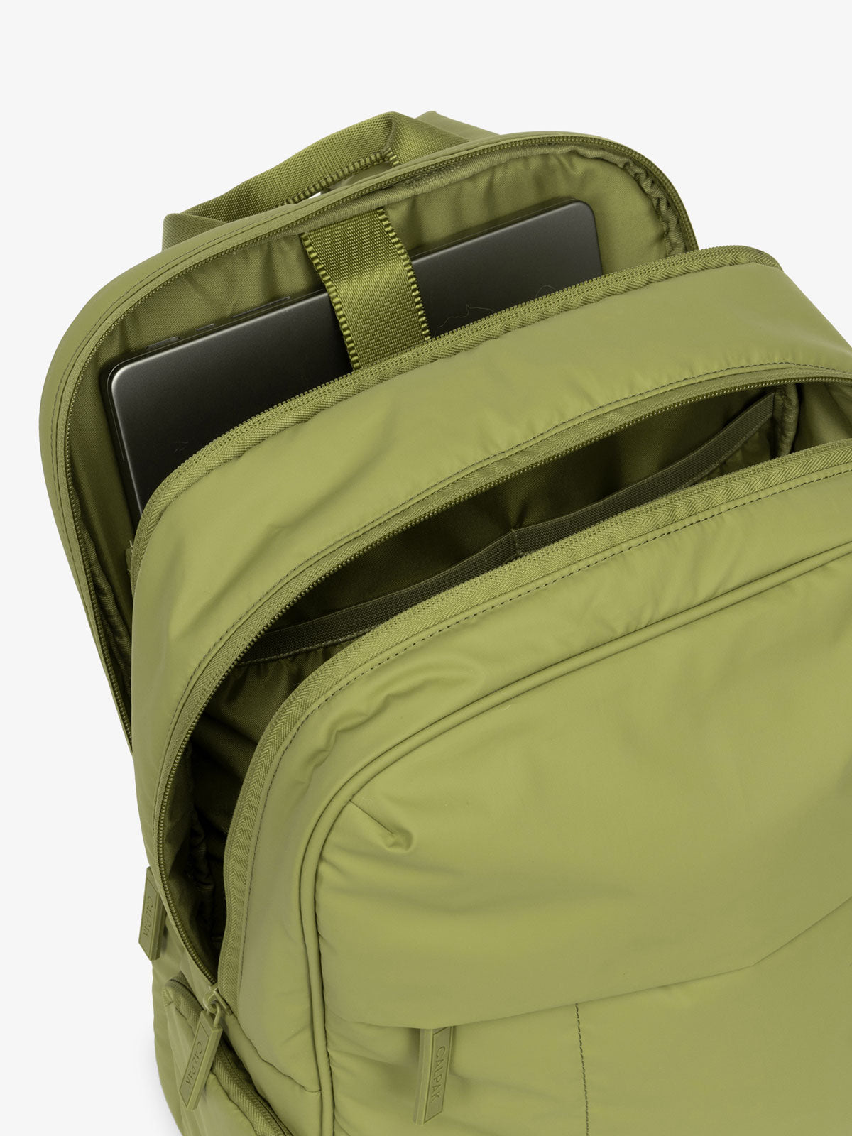 CALPAK Luka 15 Inch Laptop Backpack with soft puffy exterior and multiple pockets in green; BPL2001-PISTACHIO