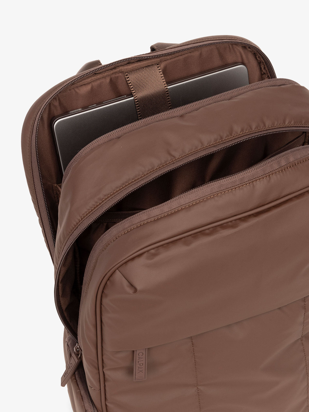 CALPAK Luka 15 Inch Laptop Backpack with soft puffy exterior and multiple pockets in dark brown; BPL2001-WALNUT
