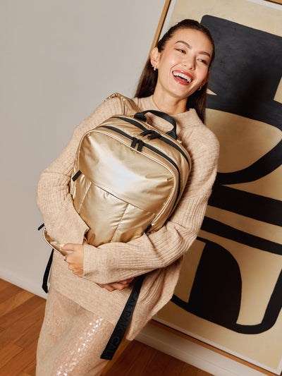 CALPAK Luka Laptop Backpack for school in metallic gold; BPL2001-GOLD view 2