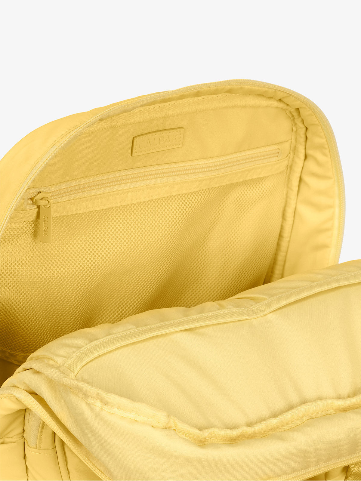 CALPAK Luka Laptop puffy Backpack for work with mesh pocket interior in yellow butter; BPL2001-BUTTER