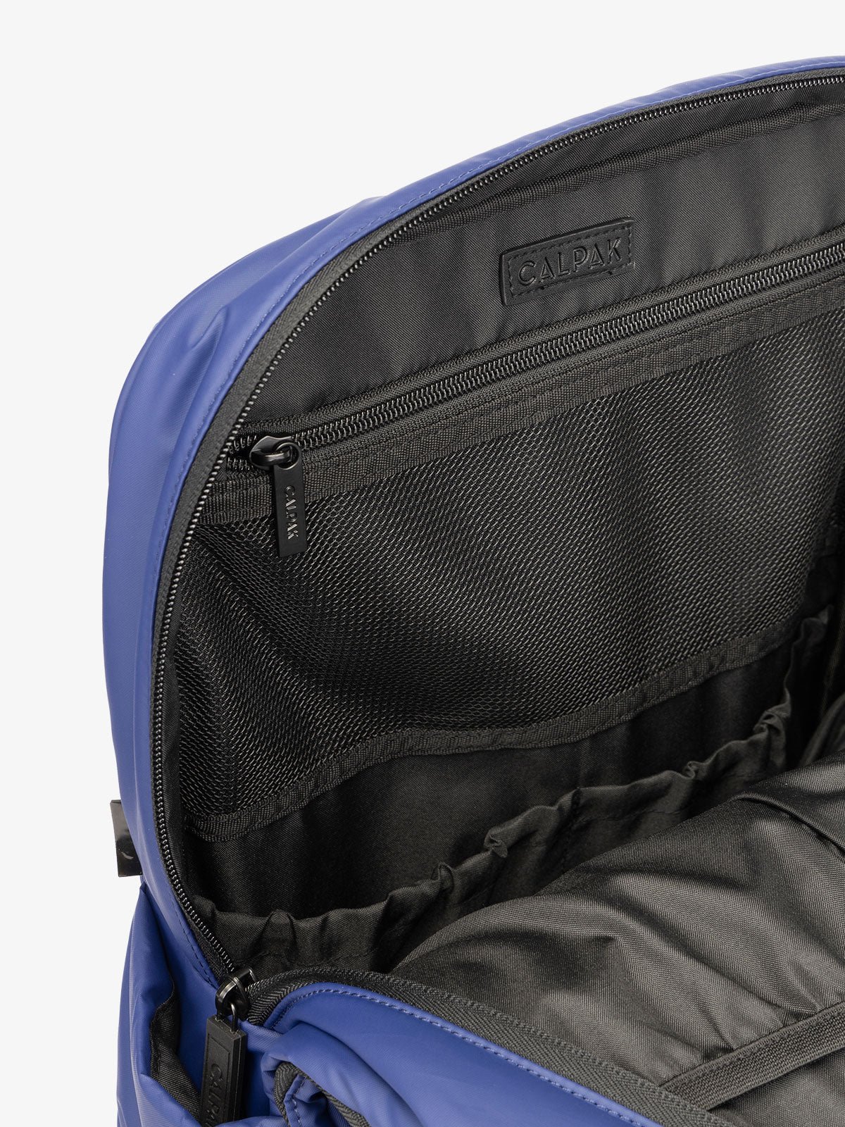 CALPAK Luka Laptop puffy Backpack for school with mesh pocket interior in dark blue