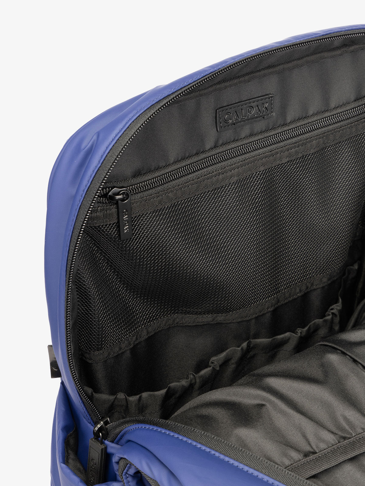 CALPAK Luka Laptop puffy Backpack for school with mesh pocket interior in dark blue; BPL2001-NAVY