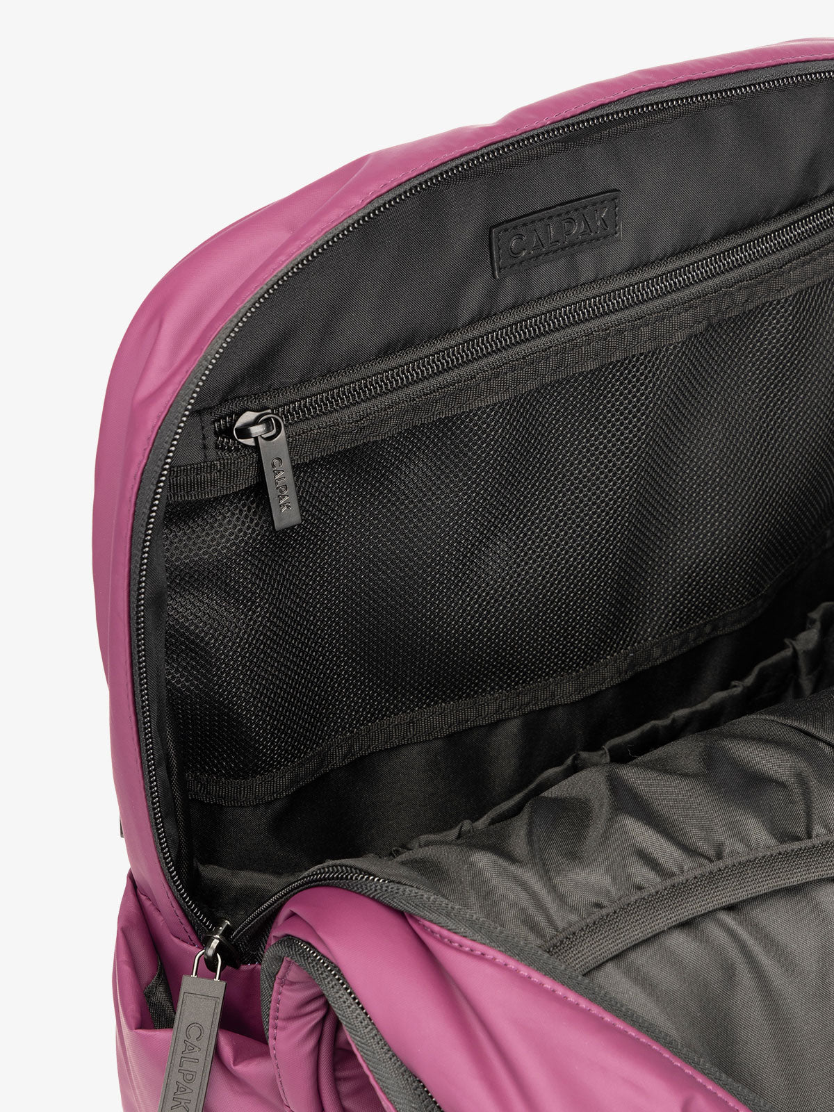CALPAK Luka Laptop puffy Backpack for school with mesh pocket interior in purple; BPL2001-PLUM
