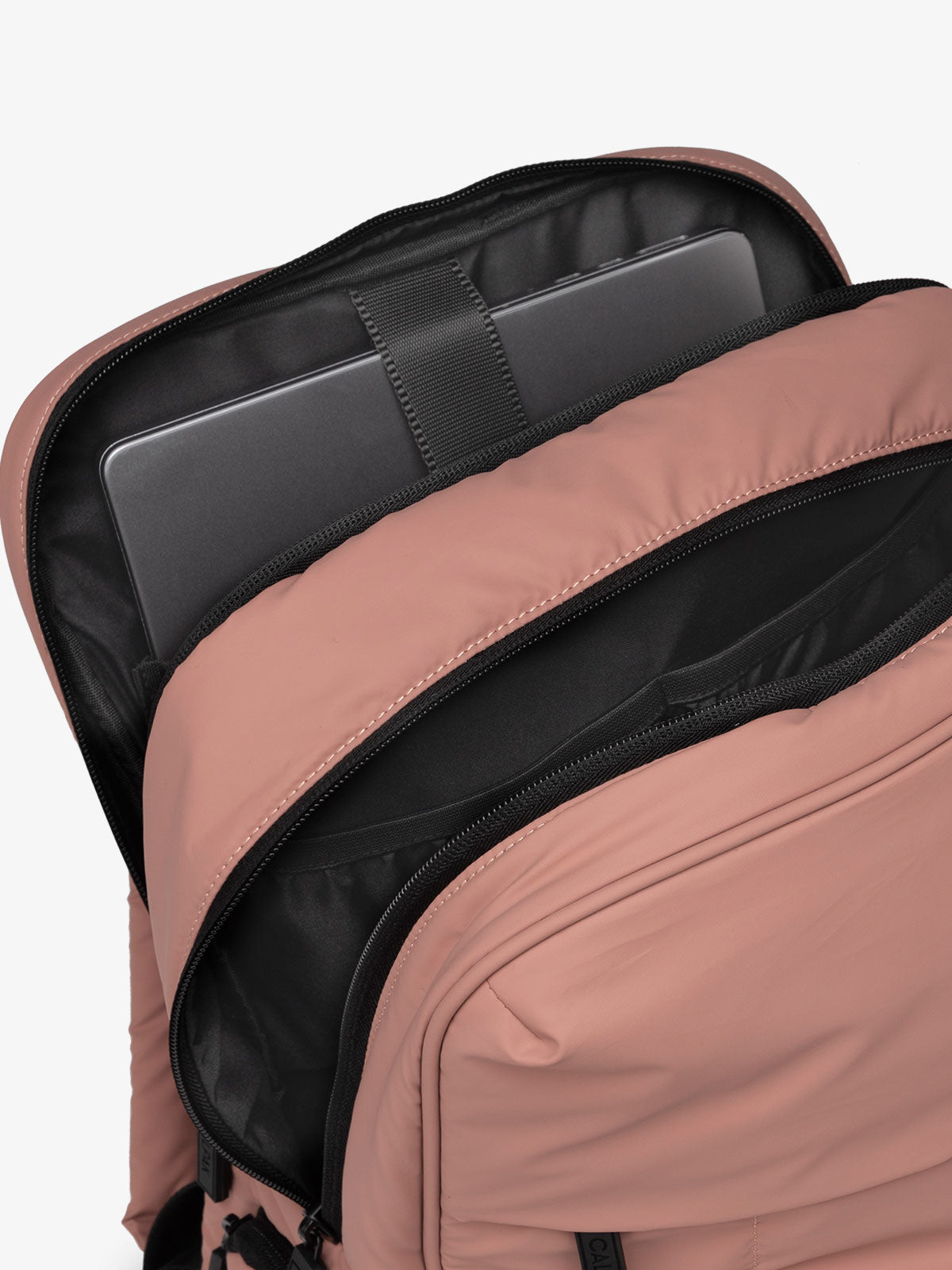 CALPAK Luka 15 Inch Laptop Backpack with soft puffy exterior and multiple pockets in pink; BPL2001-PEONY