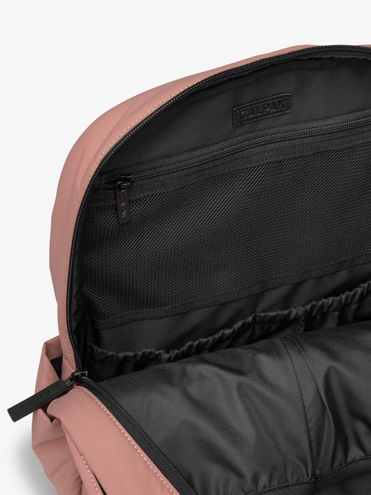 CALPAK Luka Laptop puffy Backpack for work with mesh pocket interior in pink; BPL2001-PEONY
