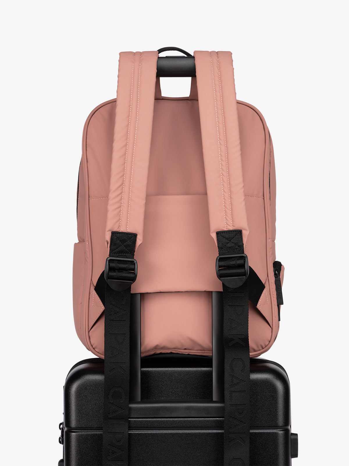 CALPAK water resistant Luka Laptop Backpack with adjustable shoulder straps and trolley sleeve in pink peony; BPL2001-PEONY