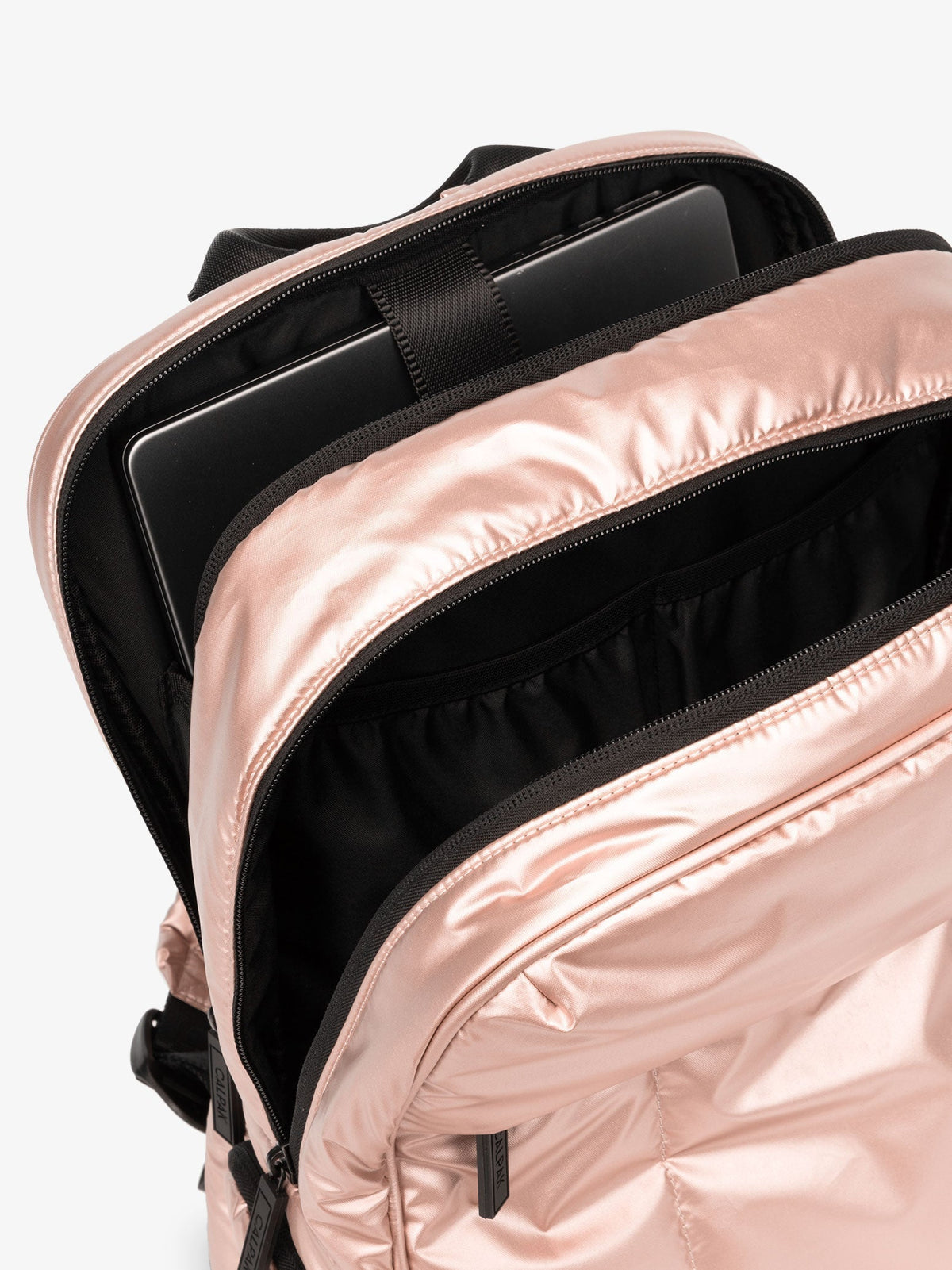 CALPAK Luka 15 Inch Laptop Backpack with soft puffy exterior and multiple pockets in pink rose gold; BPL2001-ROSE-GOLD