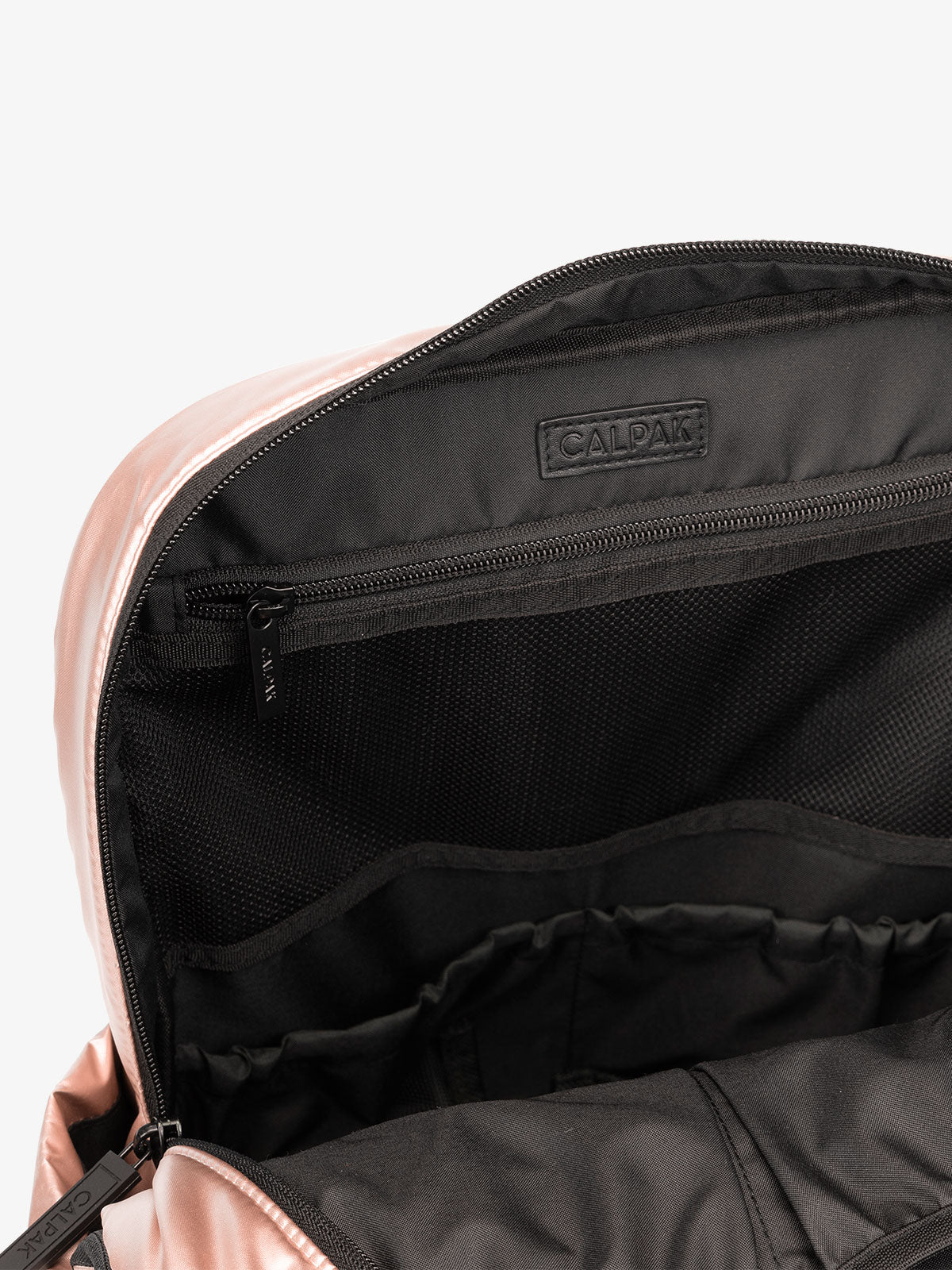 CALPAK Luka Laptop puffy Backpack for work with mesh pocket interior in metallic pink; BPL2001-ROSE-GOLD