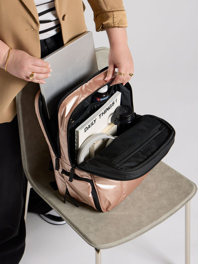 CALPAK Luka Laptop Backpack for school in metallic rose gold; BPL2001-ROSE-GOLD view 2