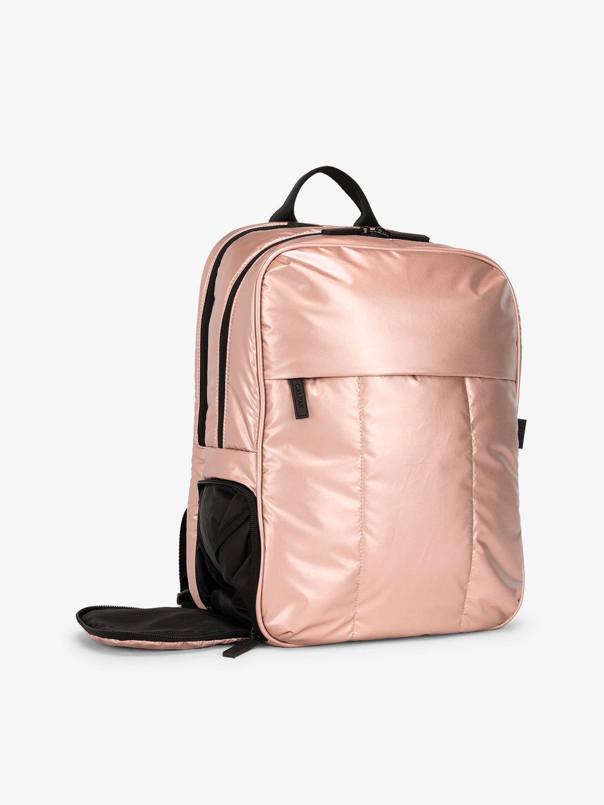 CALPAK Luka Laptop travel Backpack with shoe compartment in metallic pink rose gold