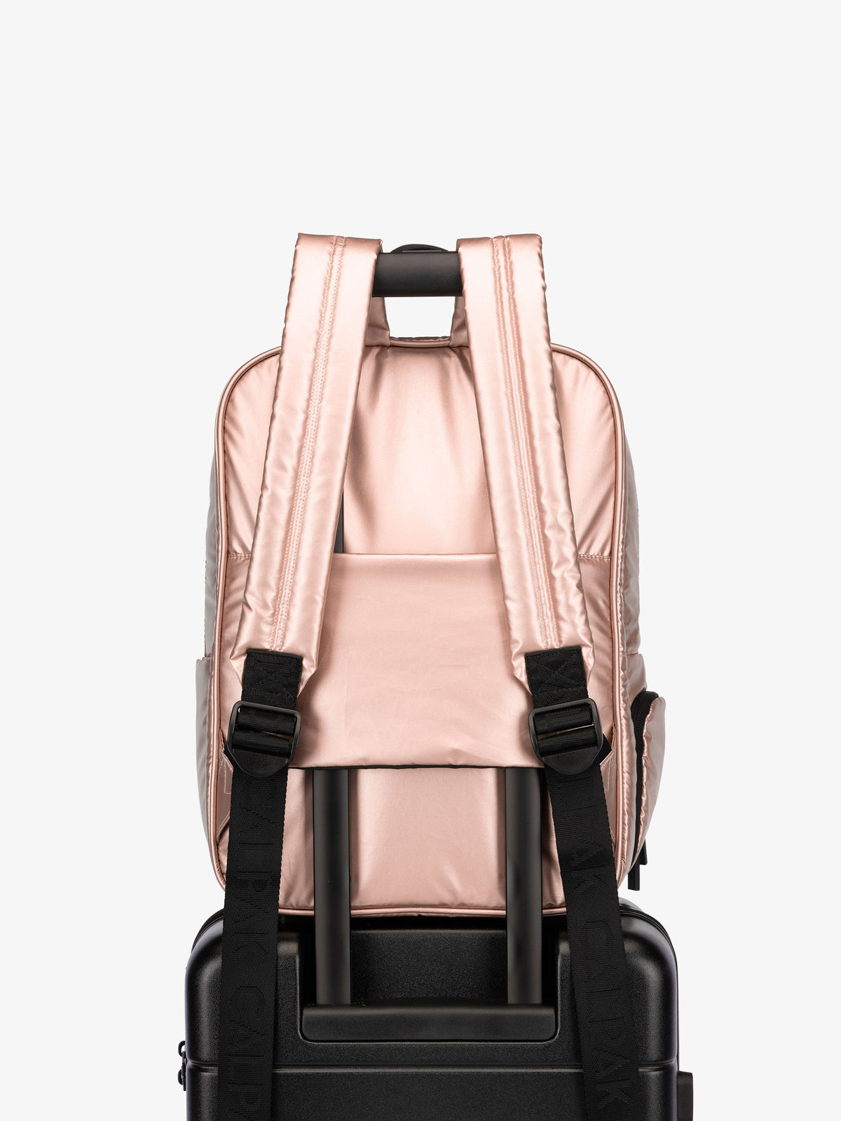 CALPAK water resistant Luka Laptop Backpack with adjustable shoulder straps and trolley sleeve in shiny rose gold; BPL2001-ROSE-GOLD