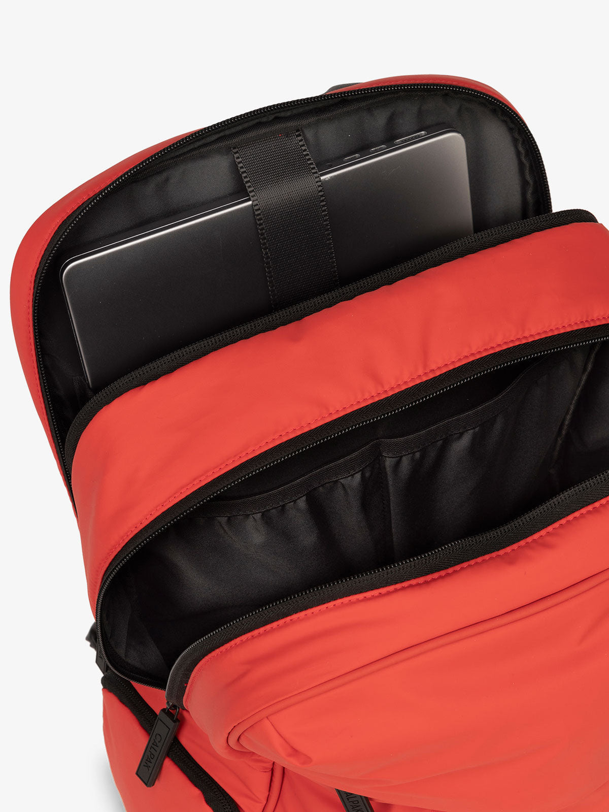CALPAK Luka 15 Inch Laptop Backpack with soft puffy exterior and multiple pockets in red; BPL2001-ROUGE