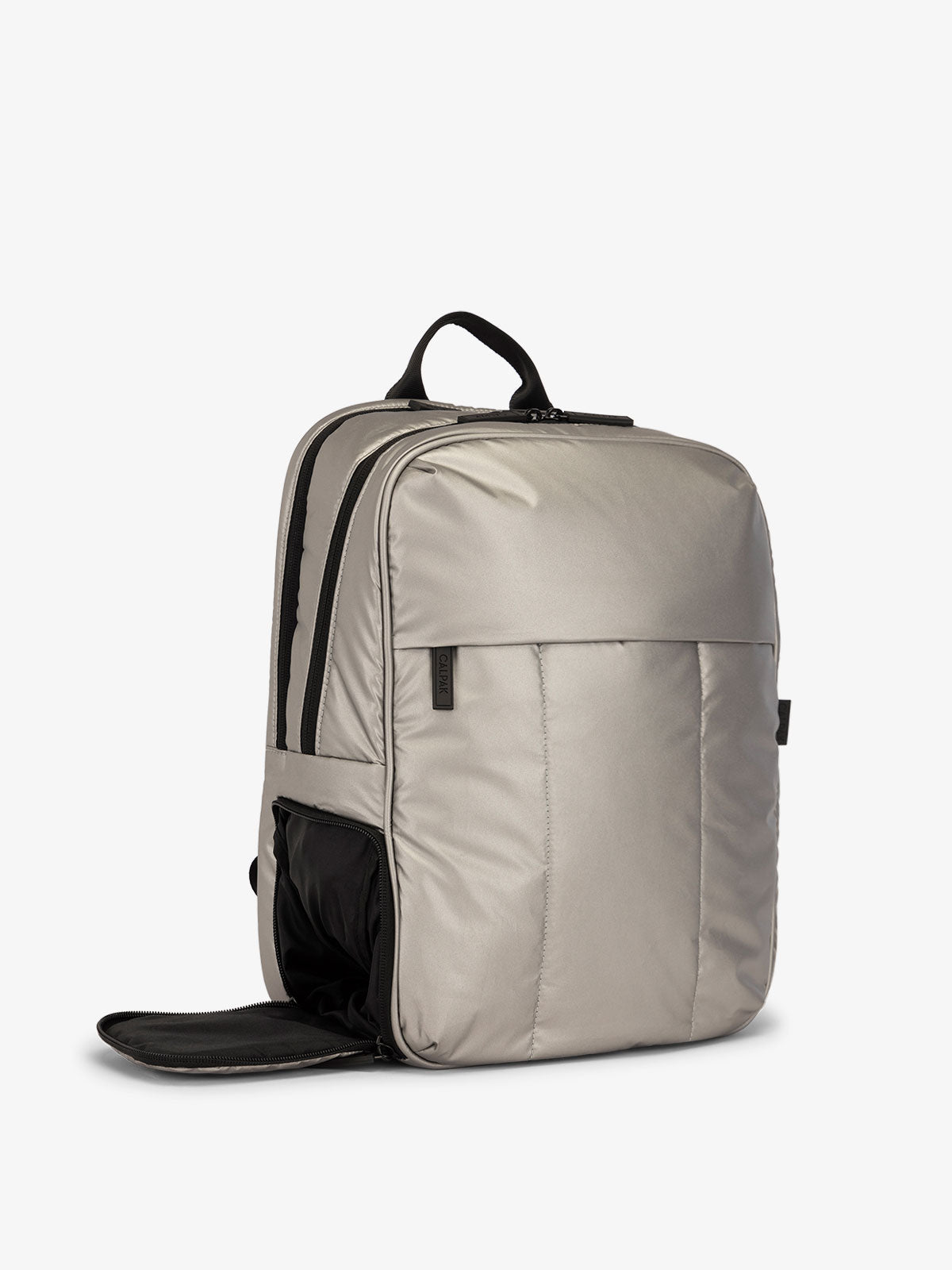 CALPAK Luka Laptop travel Backpack with shoe compartment in metallic gray silver; BPL2001-GUNMETAL