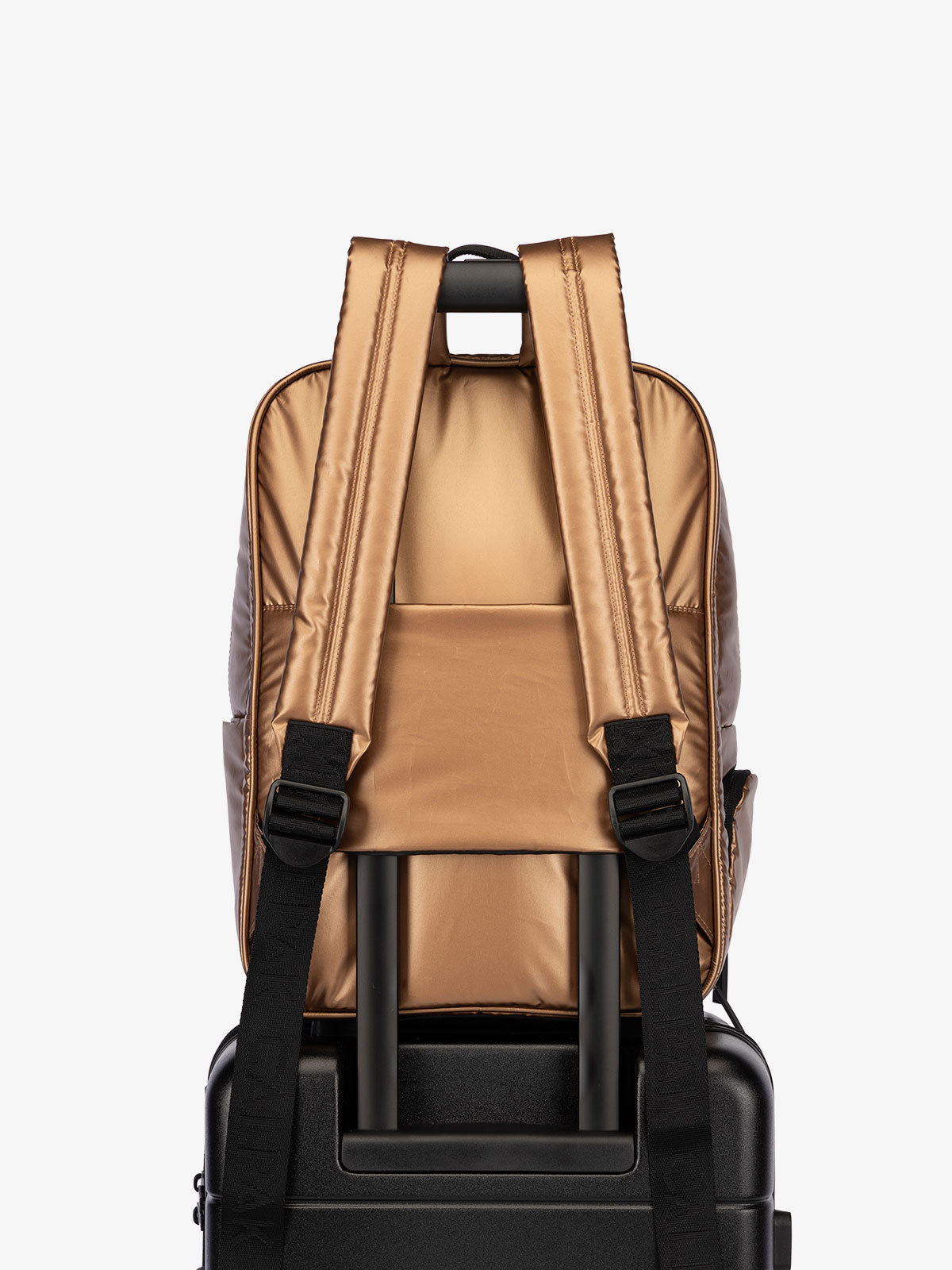 CALPAK water resistant Luka Laptop Backpack with adjustable shoulder straps and trolley sleeve in metallic brown copper; BPL2001-COPPER