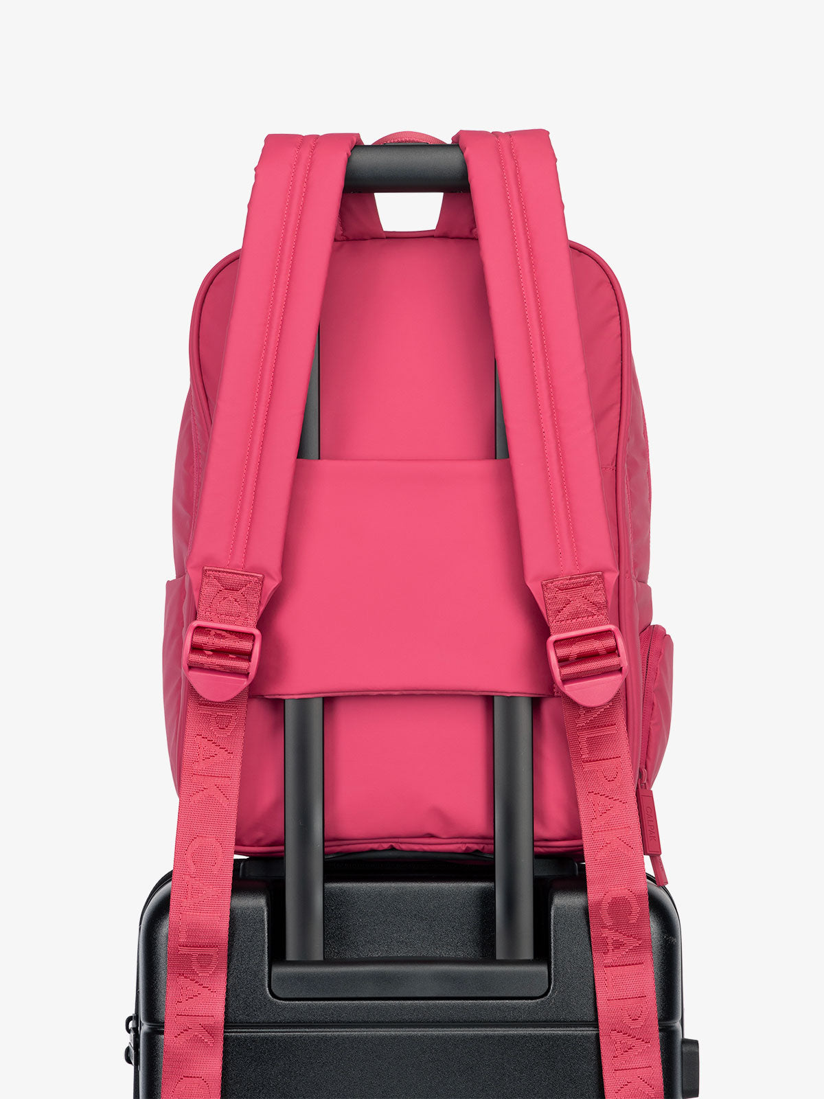 CALPAK water resistant Luka Laptop Backpack with adjustable shoulder straps and trolley sleeve in dragonfruit; BPL2001-DRAGONFRUIT