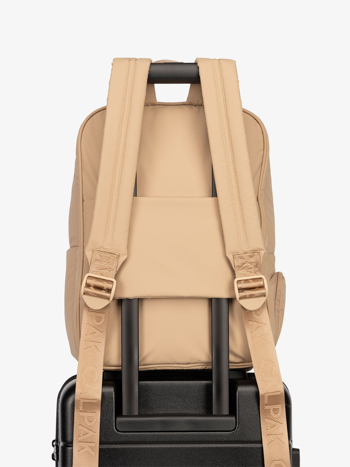 CALPAK water resistant Luka Laptop Backpack with adjustable shoulder straps and trolley sleeve in latte; BPL2001-LATTE